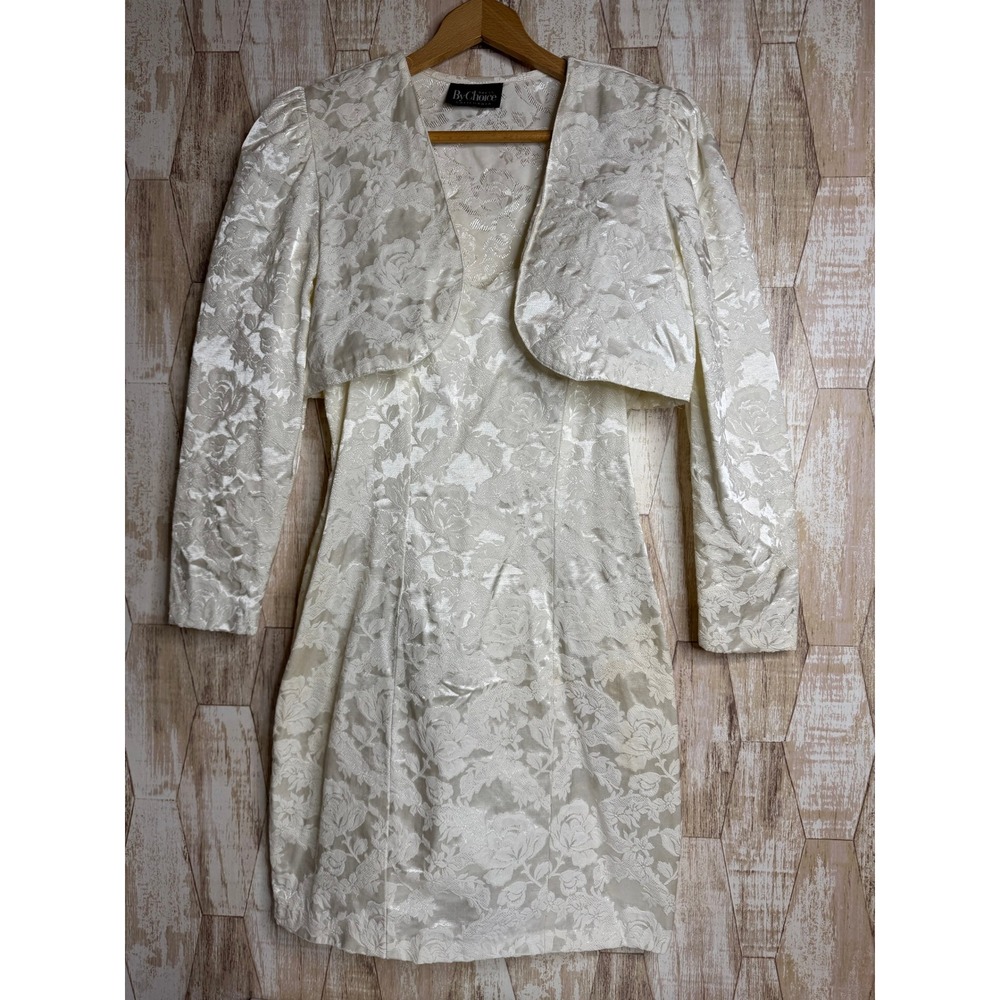 By Choice California Vintage 90s White‎ Floral Brocade Mini Dress Bolero Set 11